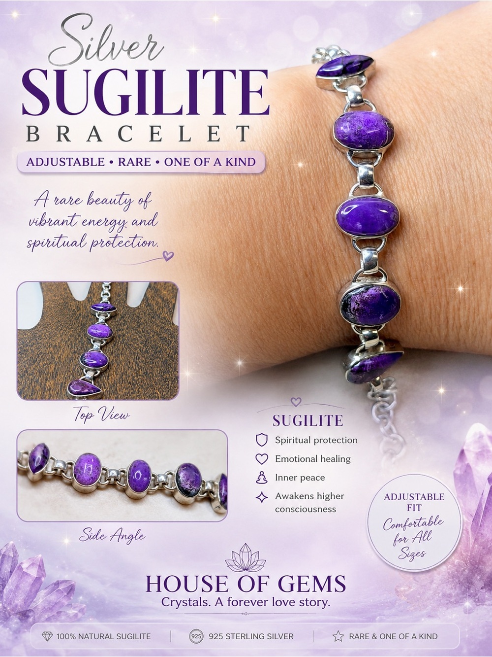 Silver Sugilite Bracelet - Purple Adjustable Women’s Bracelet